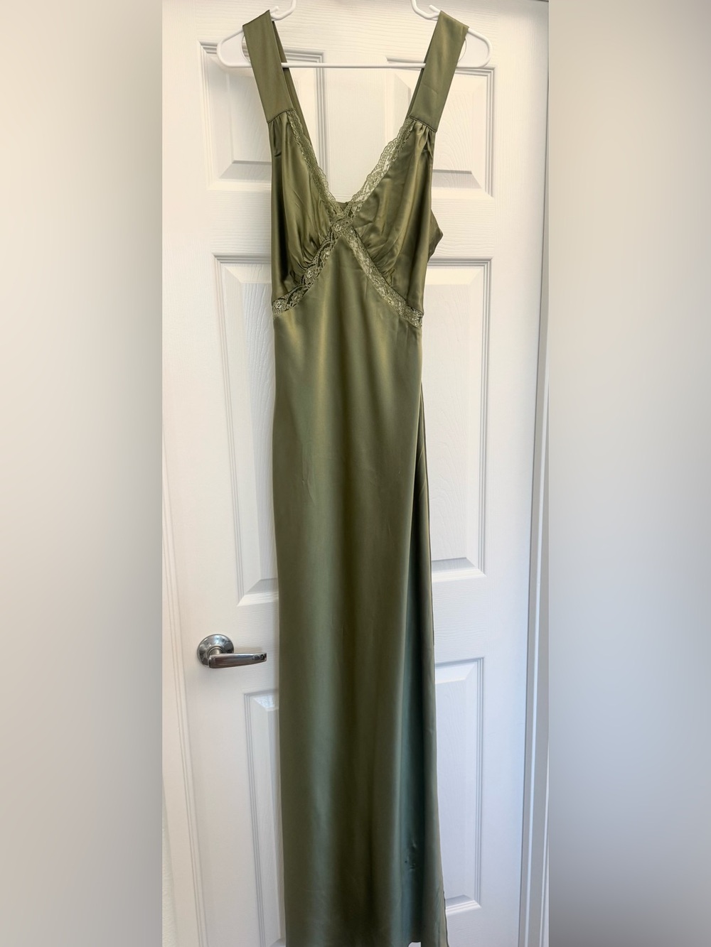 Reformation Olive Satin Lace-Trim Wedding Guest Dress - Picture 8 of 10